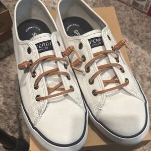 Sperry White and Brown Canvas Sneakers with Leather Laces